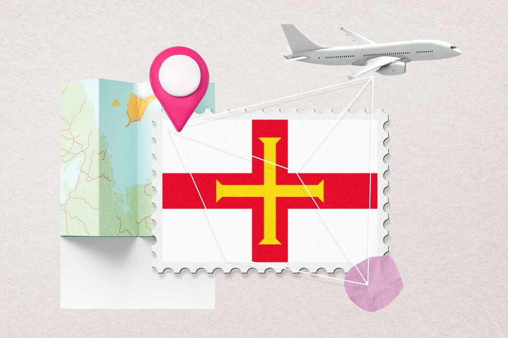 Guernsey travel, stamp tourism collage illustration, editable design