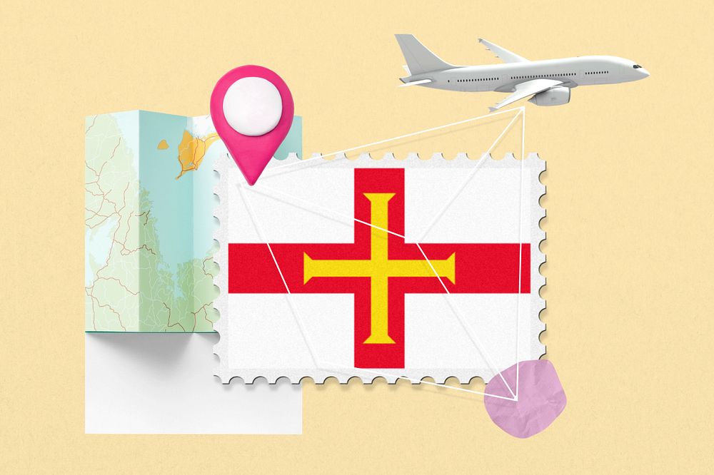 Guernsey travel, stamp tourism collage illustration, editable design