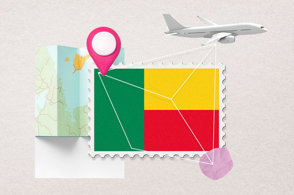 Benin travel, stamp tourism collage illustration, editable design