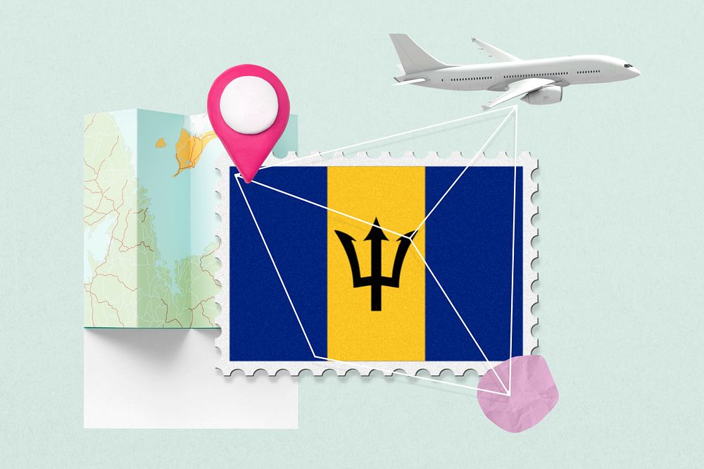 Barbados travel, stamp tourism collage illustration, editable design