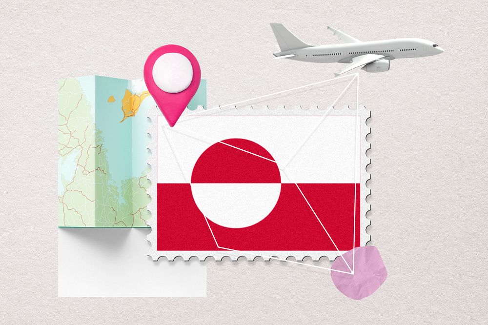 Greenland travel, stamp tourism collage illustration, editable design