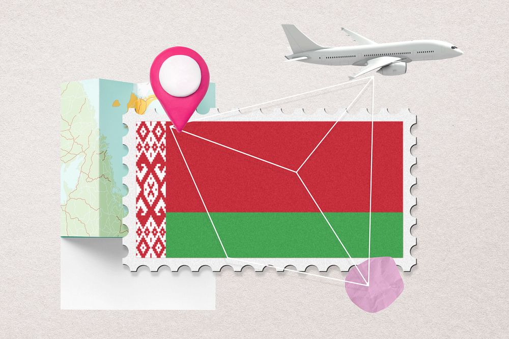 Belarus travel, stamp tourism collage illustration, editable design