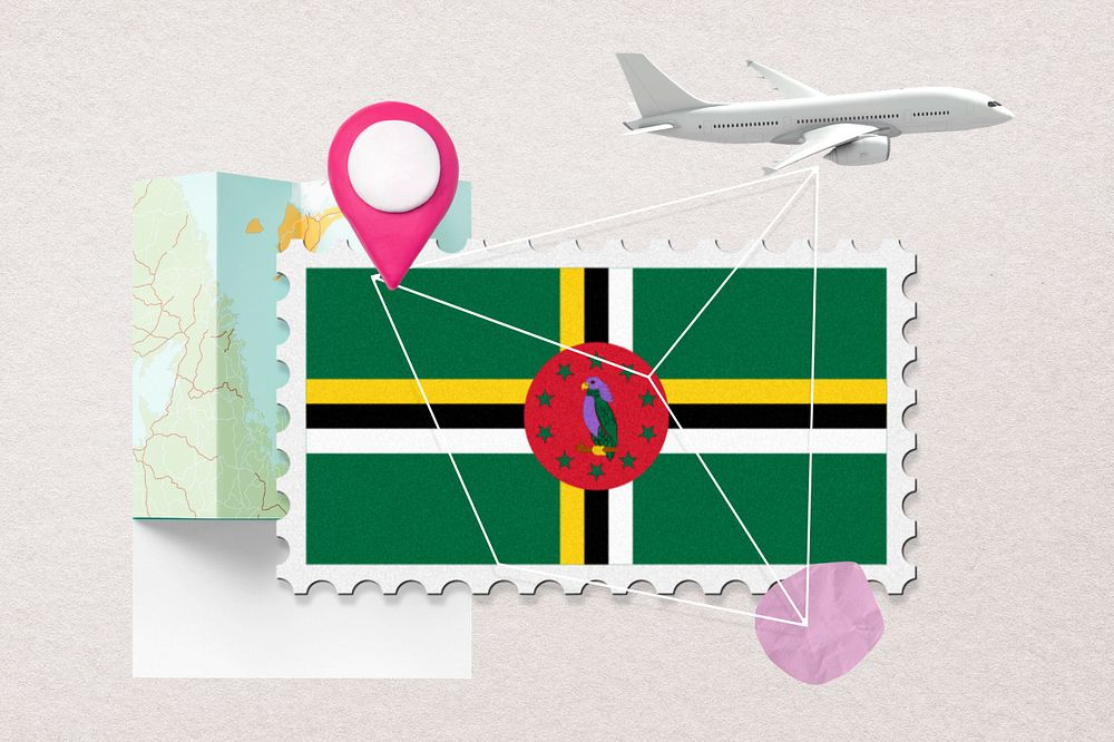 Dominica travel, stamp tourism collage illustration, editable design