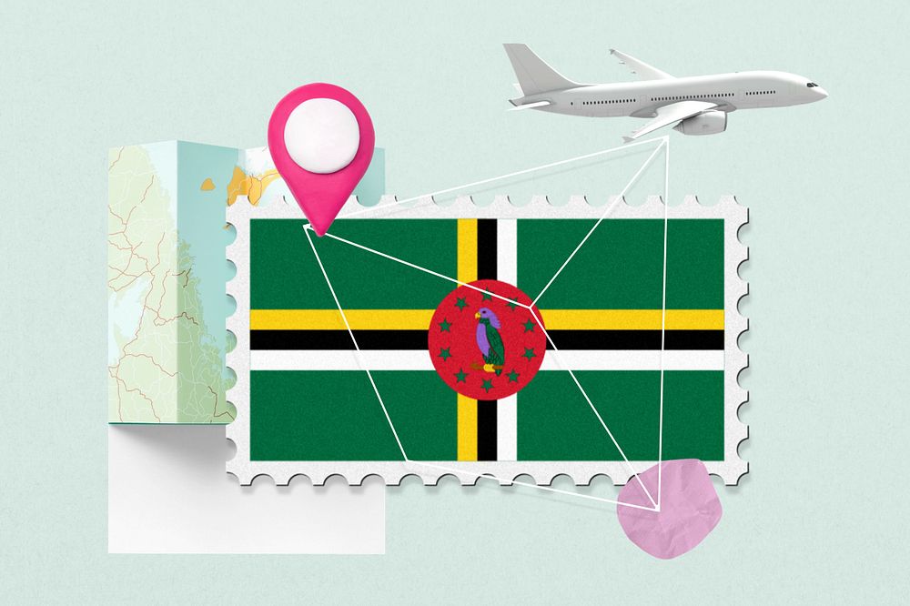 Dominica travel, stamp tourism collage illustration, editable design