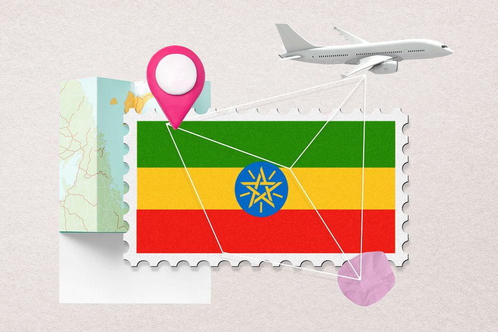 Ethiopia travel, stamp tourism collage illustration, editable design