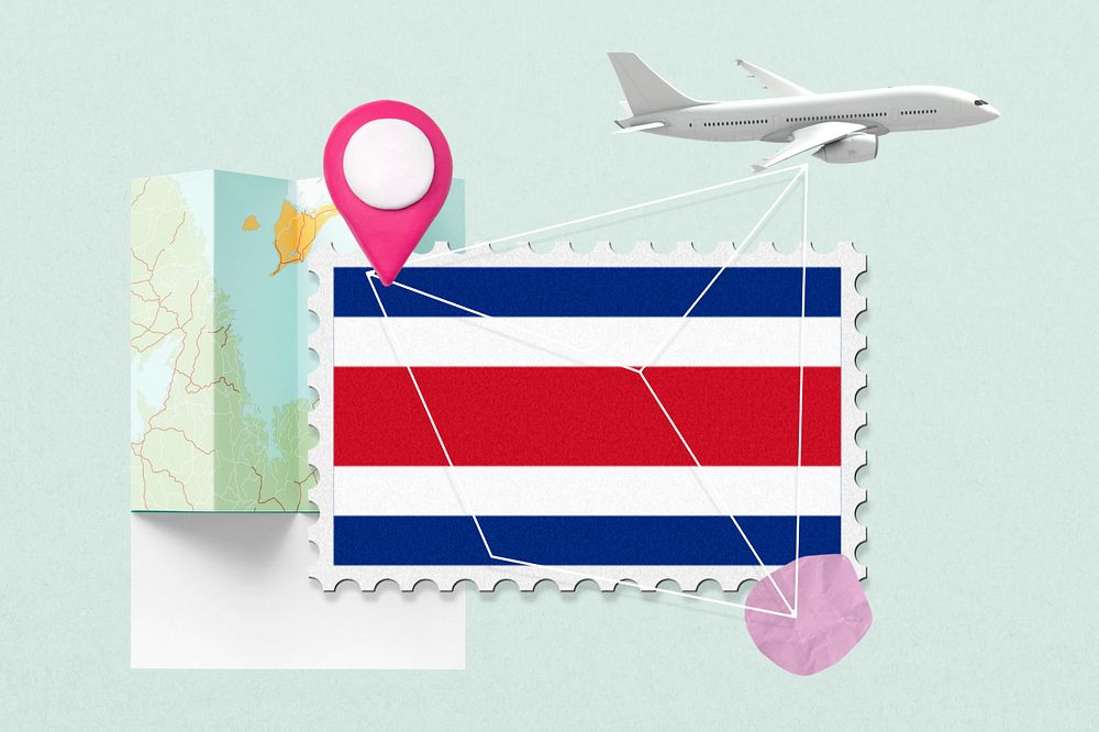 Costa rica travel, stamp tourism collage illustration, editable design