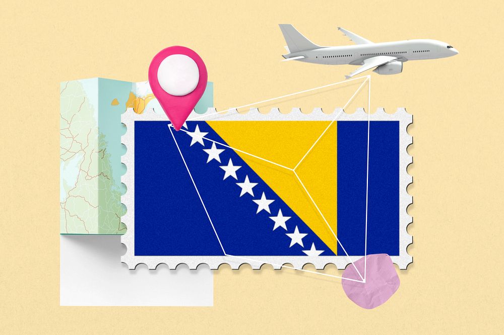 Bosnia travel, stamp tourism collage illustration, editable design