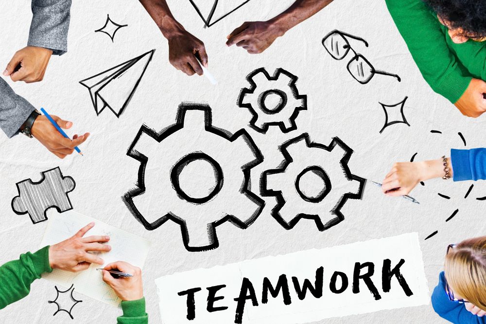 Teamwork word, cogwheel business editable remix design