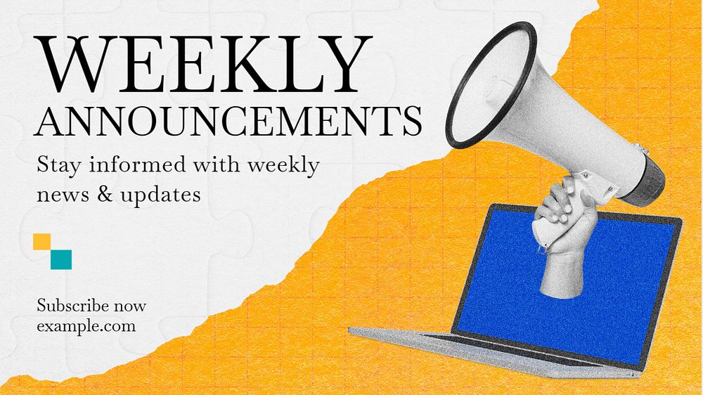 Weekly announcements blog banner template, editable text