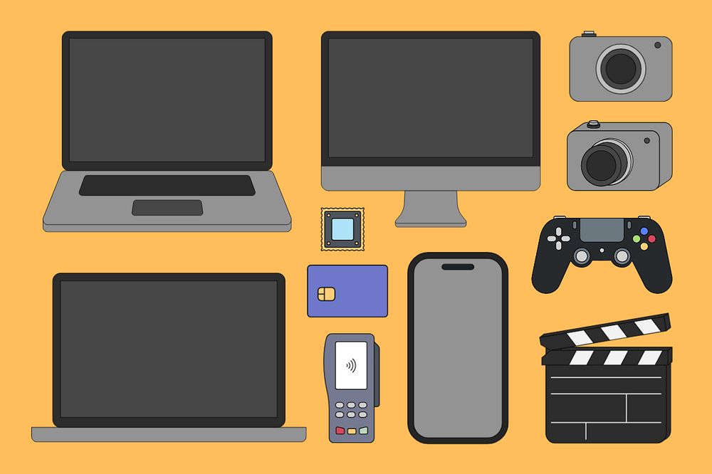 Digital devices, laptop computer flat graphic set, editable design