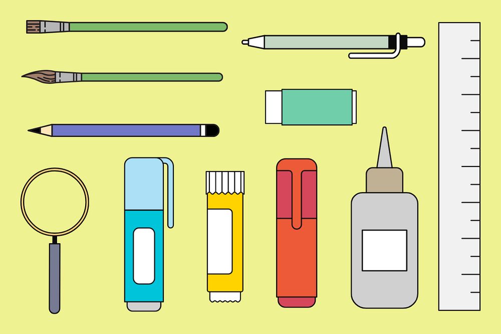 Stationary supplies, flat graphic set, editable design