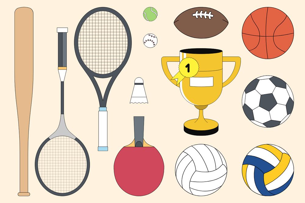 Sport equipment, flat graphic set, editable design