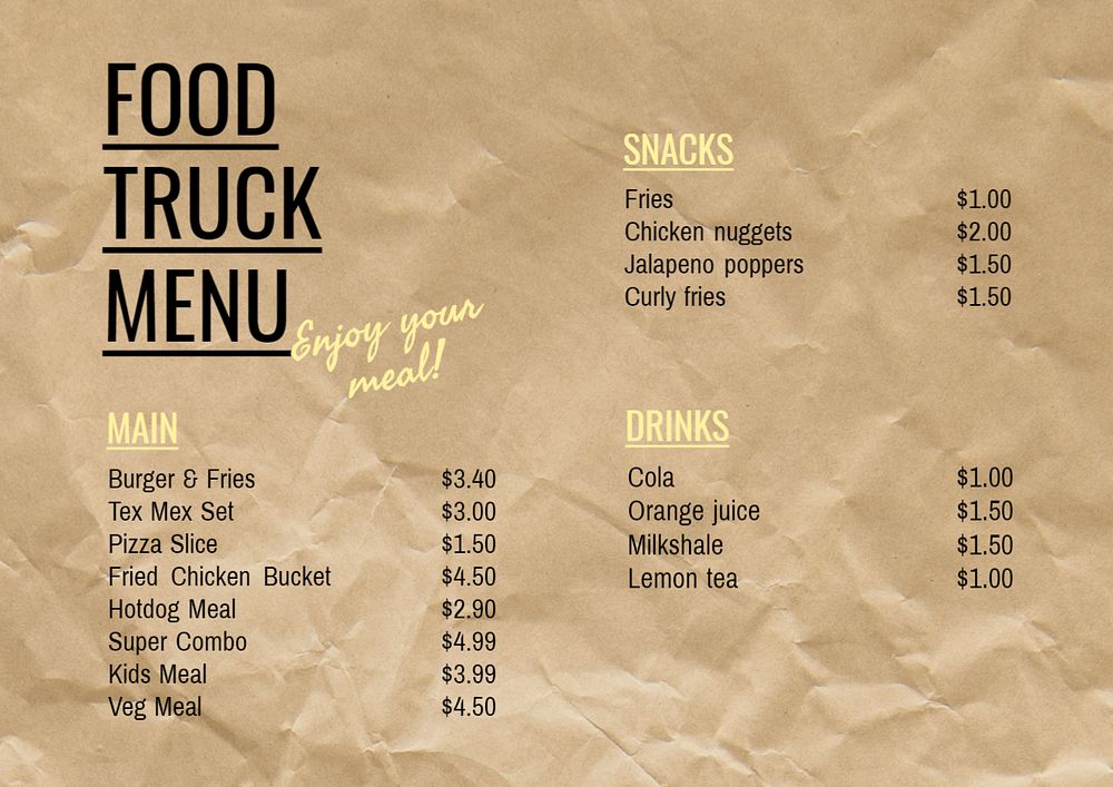 Food truck menu template, editable text and design