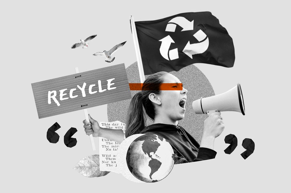 Recycle environment protest, woman holding megaphone remix, editable design