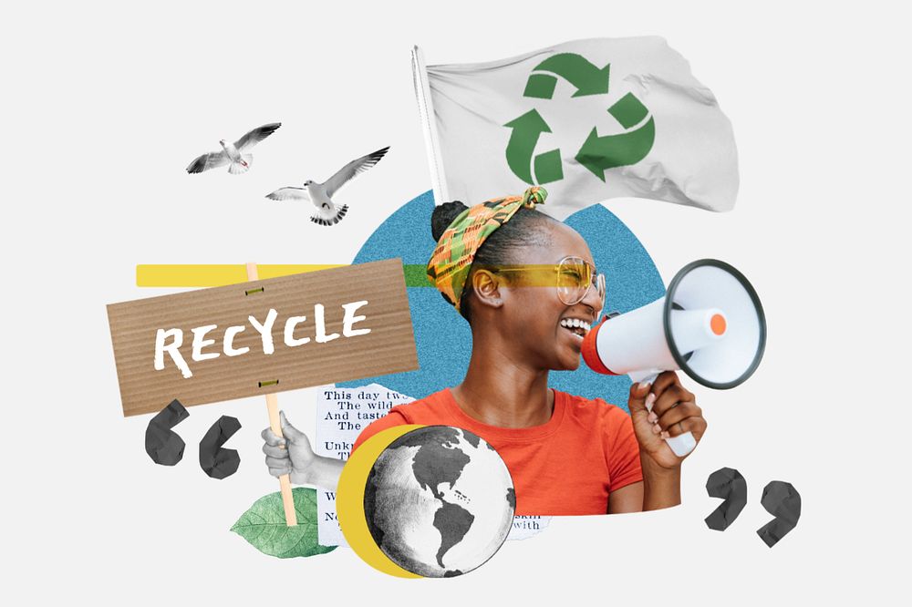 Recycle environment protest, woman holding megaphone remix, editable design