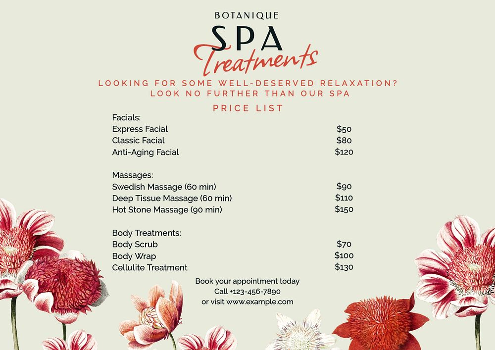 Spa treatments template, editable text and design