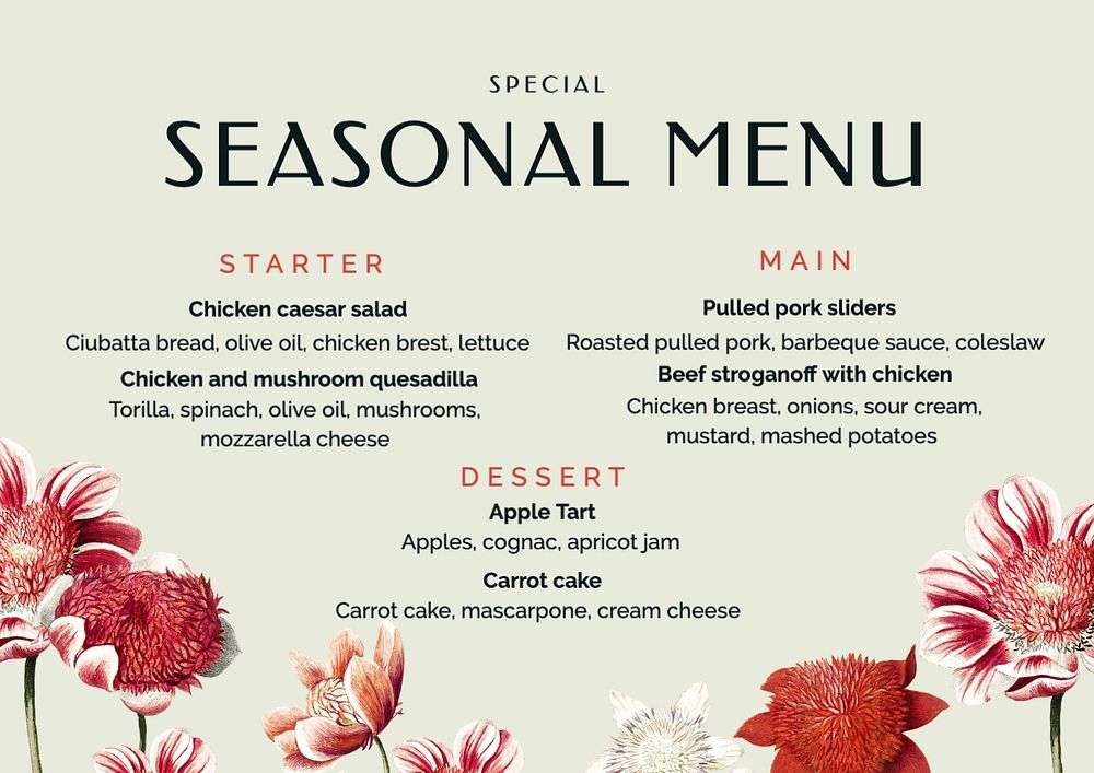 Seasonal menu template, editable text and design