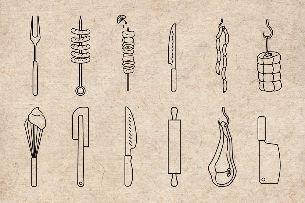 Kitchen tool line art, editable food design set