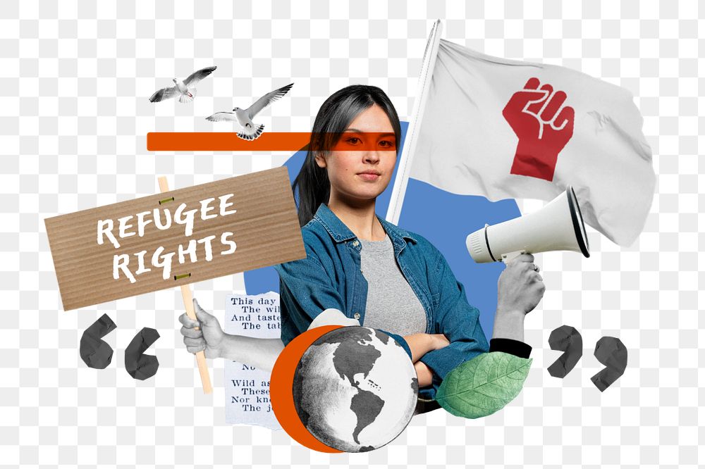 Refugee rights, woman protesting remix, editable design