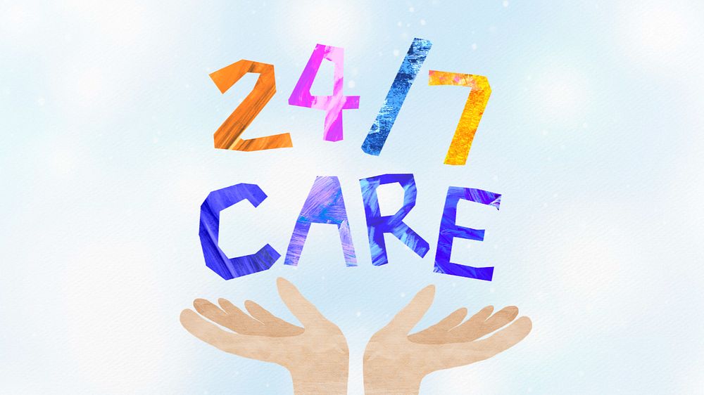 24/7 care word, paper craft collage, editable design