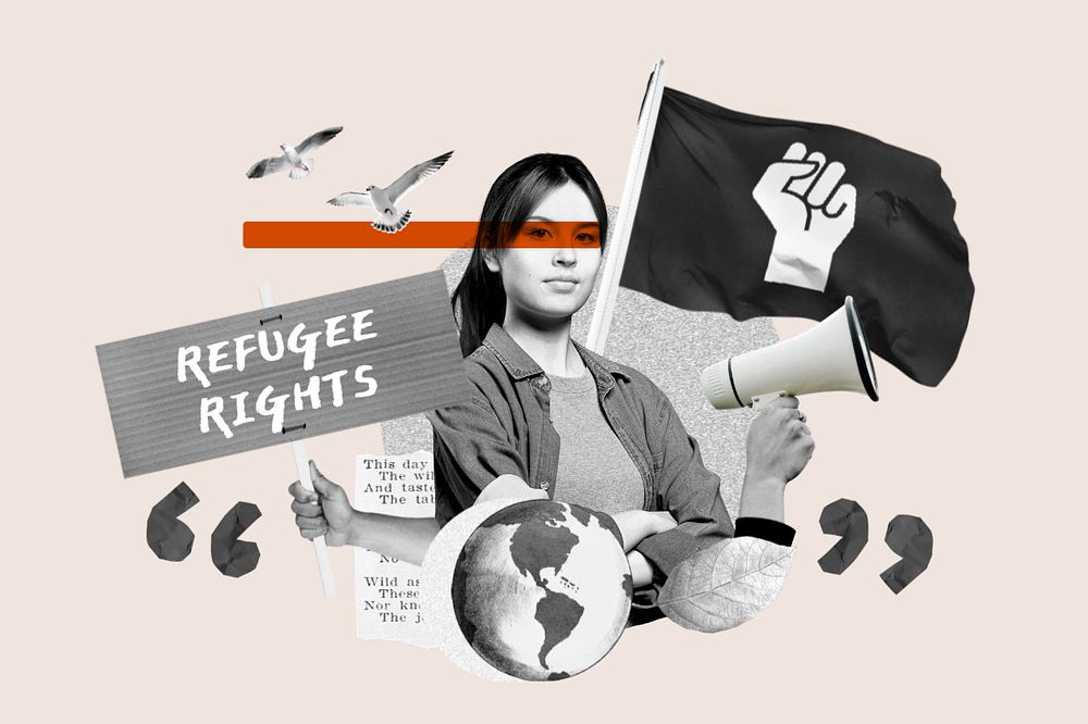 Refugee rights, woman protesting remix, editable design