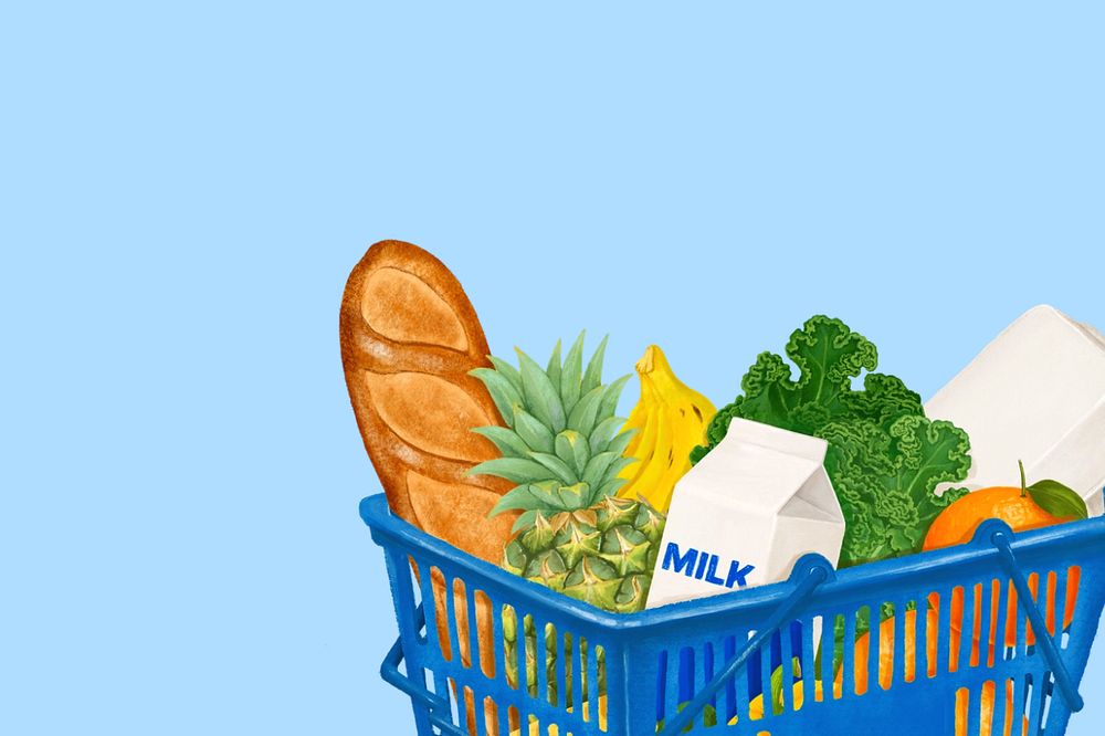 Grocery shopping basket background, vegetables food illustration, editable design