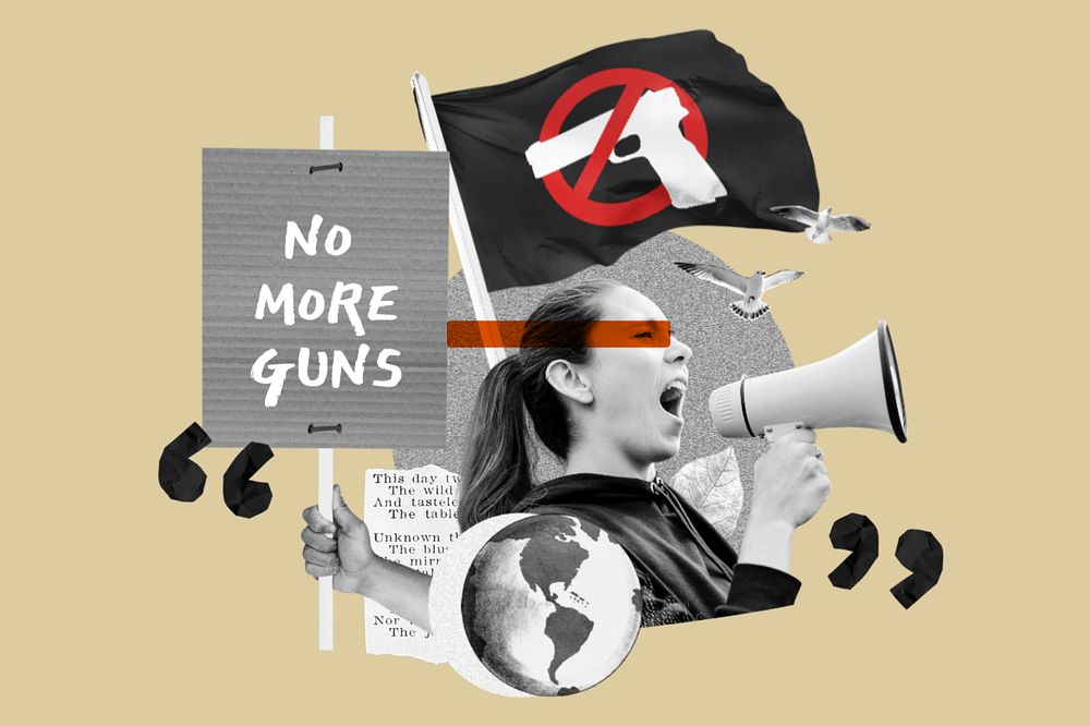 No more guns, woman protesting collage art, editable design