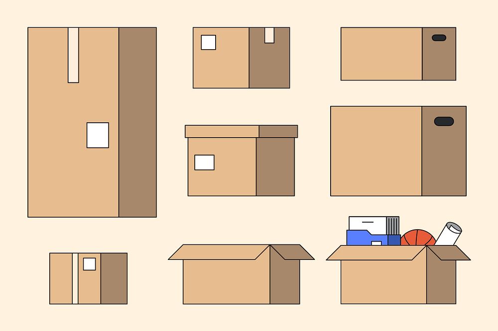 Cardboard moving boxes, flat graphic set, editable design