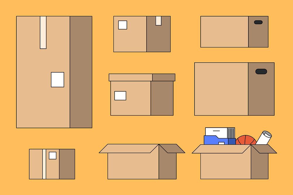 Cardboard moving boxes, flat graphic set, editable design