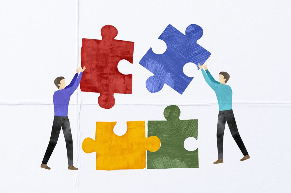 People holding puzzle, teamwork paper craft collage, editable design