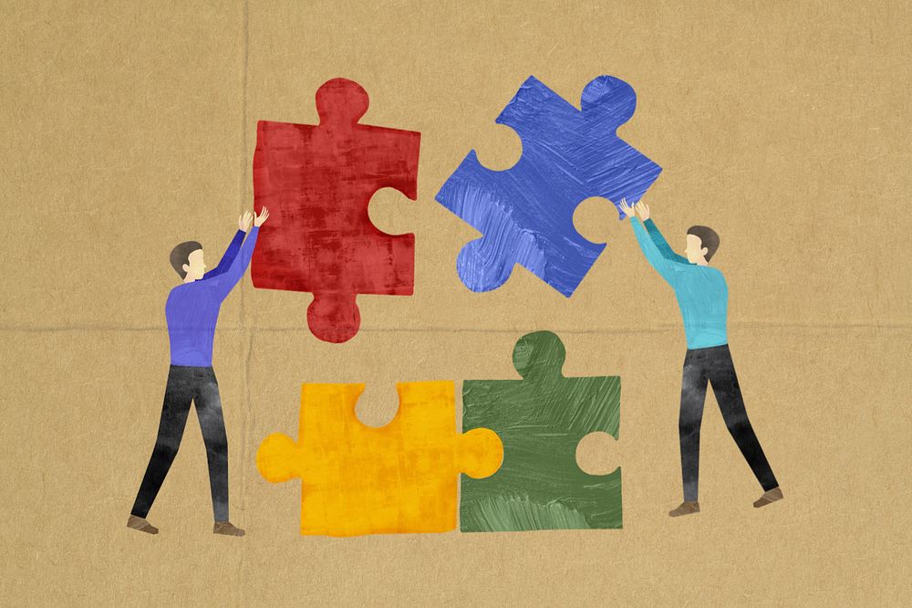 People holding puzzle, teamwork paper craft collage, editable design