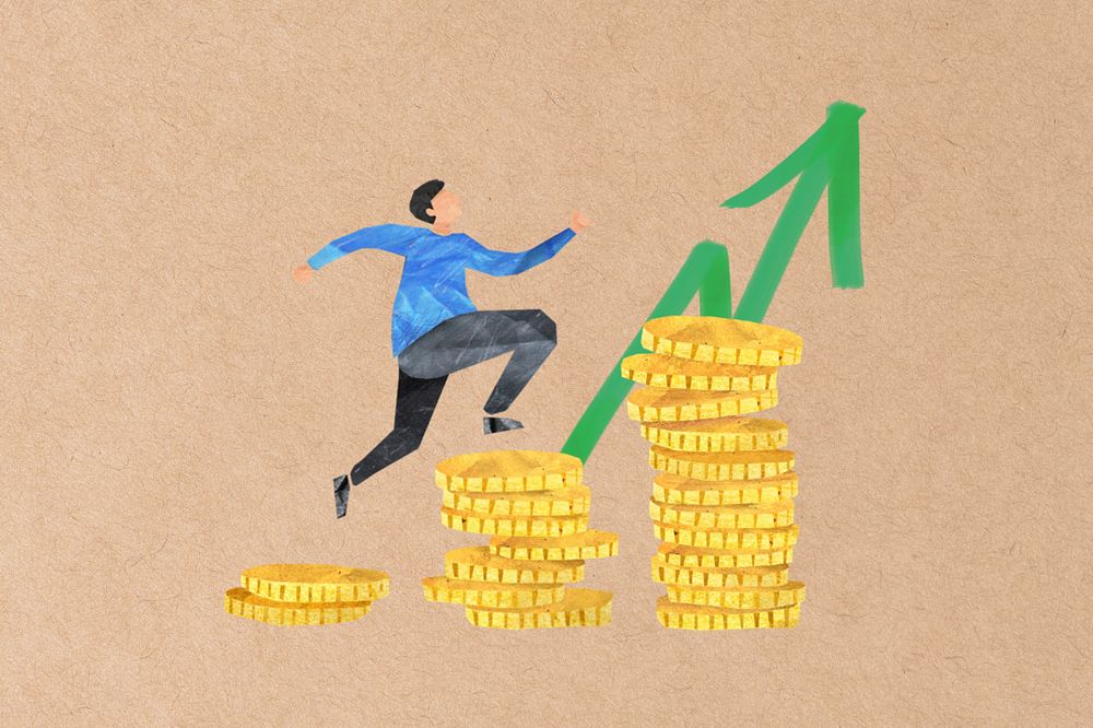 Man running forward, stacked coins paper craft, editable design