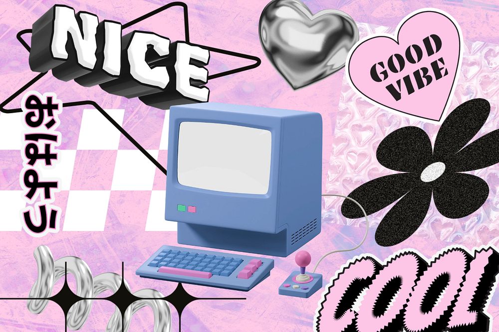 Pink y2k computer, typography collage art, editable design