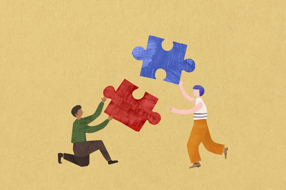 People holding puzzle, teamwork paper craft collage, editable design