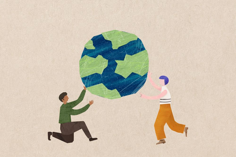 People holding globe, environment paper craft, editable design