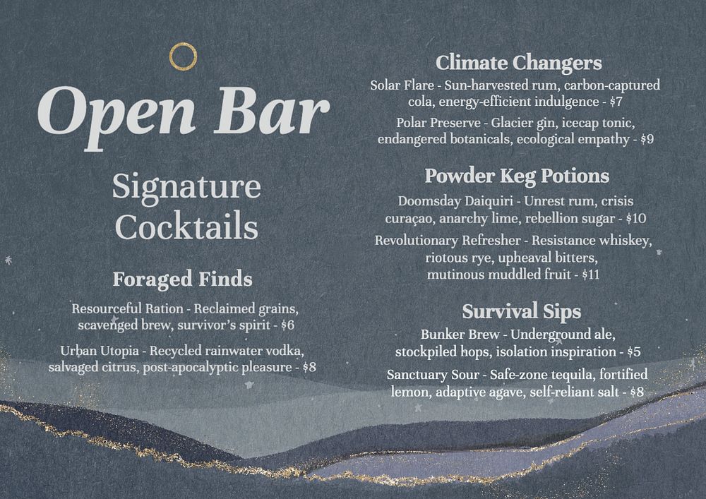 Cocktail menu template, editable text and design