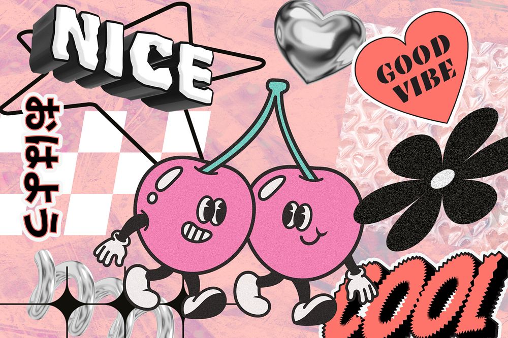 Y2k cherries cartoon, funky collage art, editable design