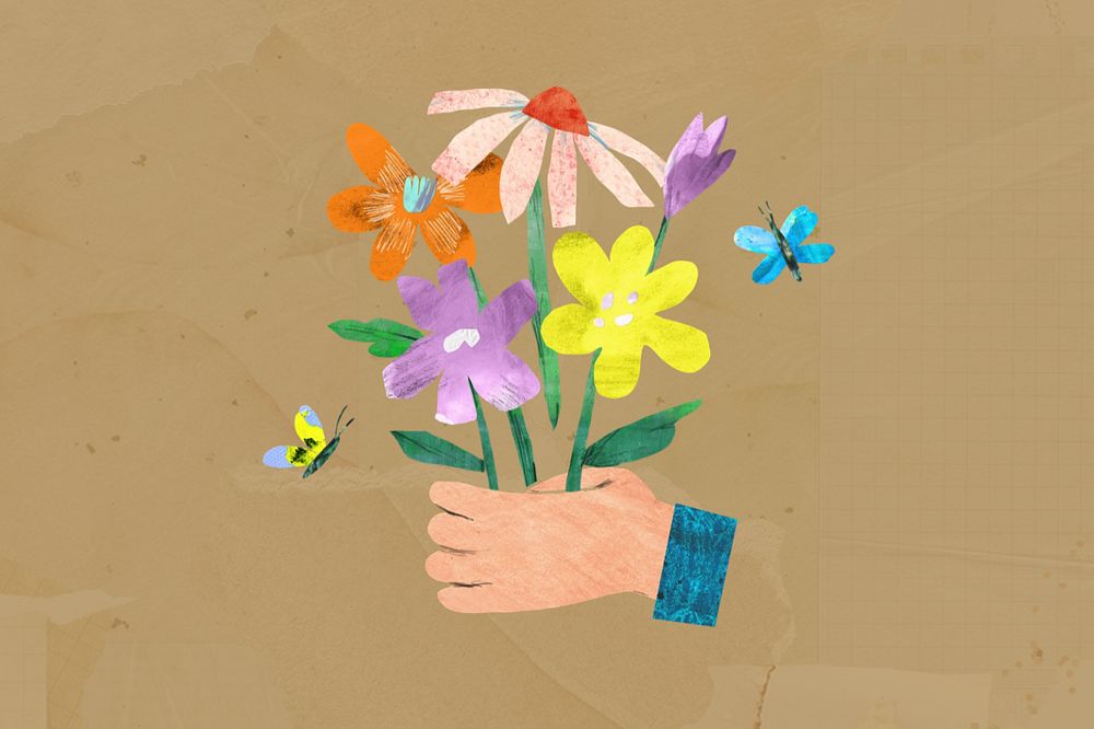 Hand holding flowers, paper craft element, editable design