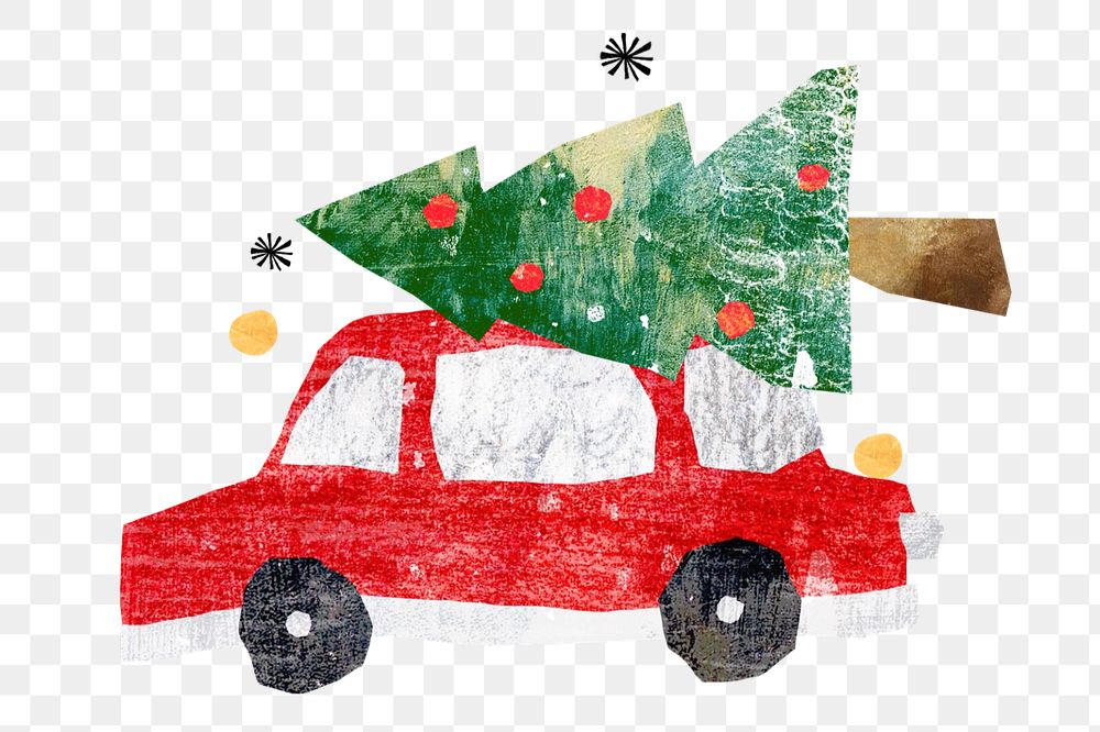 Christmas tree on car, paper craft collage, editable design