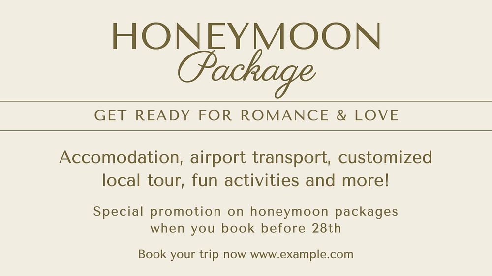 Honeymoon package blog banner template, editable text