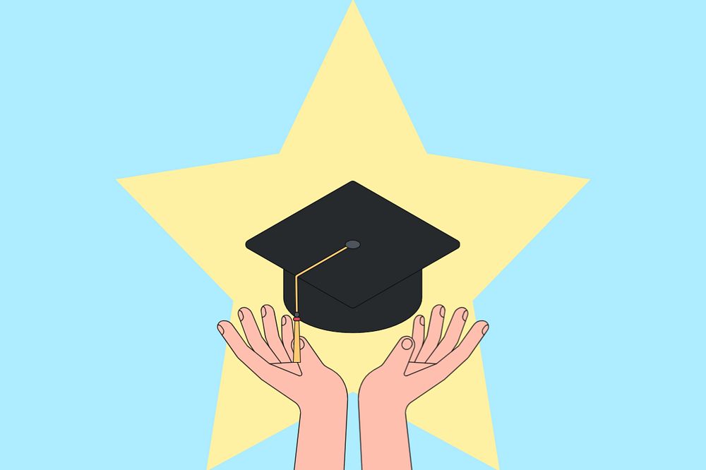 Hand presenting graduation cap background, education illustration, editable design
