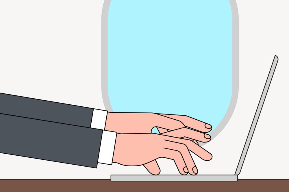 Businessman typing laptop background, airplane window illustration, editable design