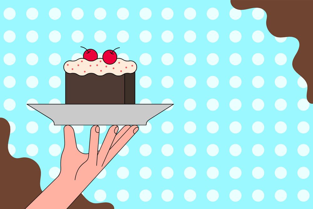 Hand serving chocolate cake background, food illustration, editable design 