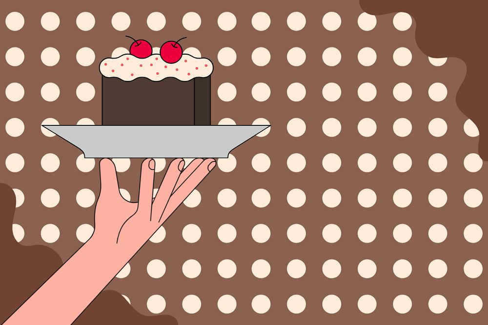 Hand serving chocolate cake background, food illustration, editable design 