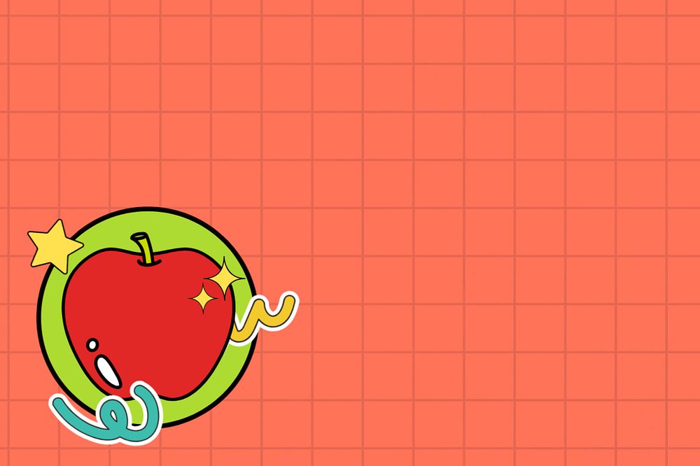 Red grid patterned background, cute apple illustration, editable design