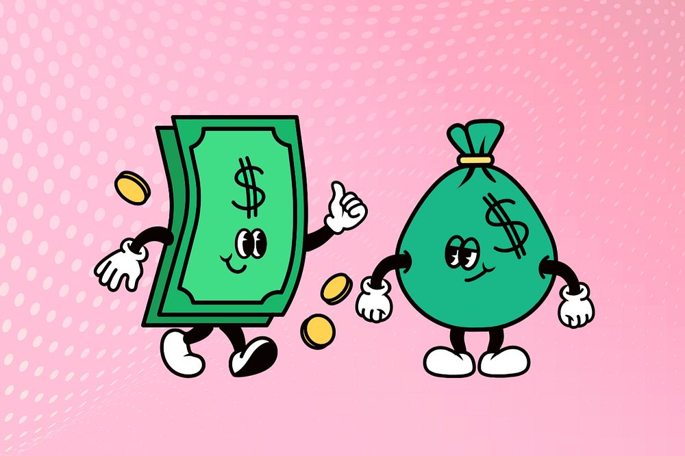 Dollar bill & money bag, finance cartoon character illustration, editable design