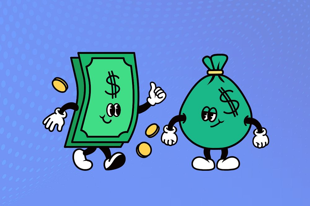 Dollar bill & money bag, finance cartoon character illustration, editable design