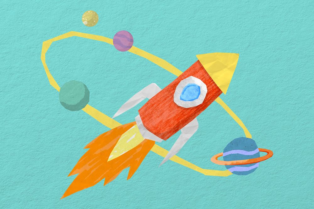 Launching rocket, aesthetic galaxy paper craft collage, editable design