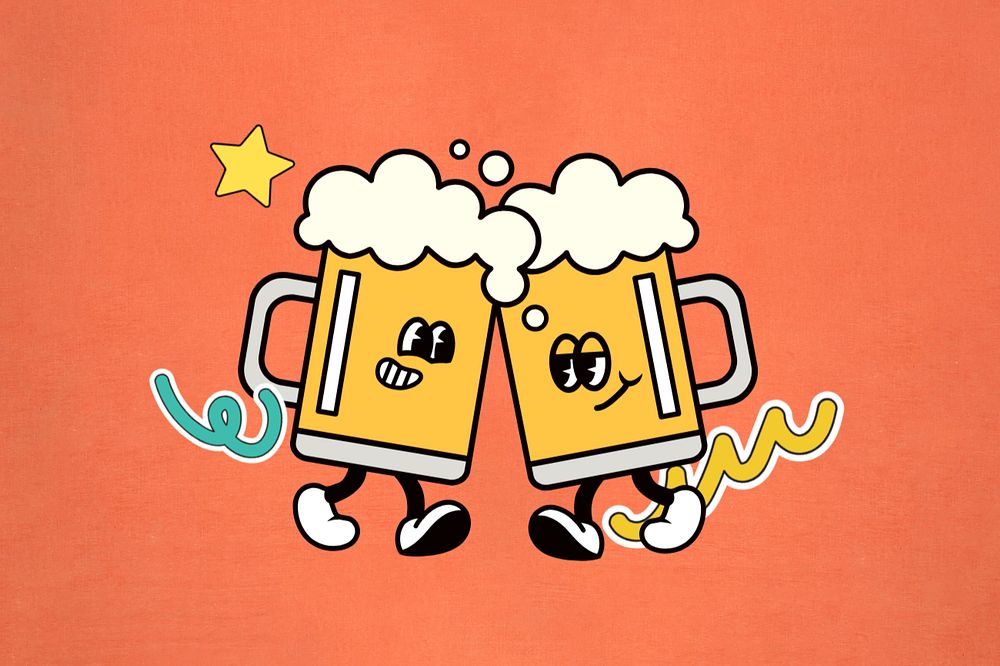 Clinking beer glasses, funky cartoon illustration, editable design