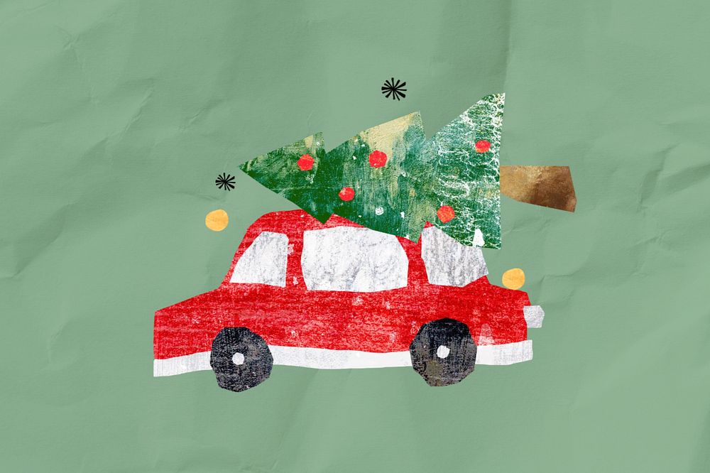 Christmas tree on car, paper craft collage, editable design